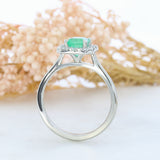 Platinum Square Claw Set Emerald & Round Brilliant Cut Natural Diamond Cluster Ring