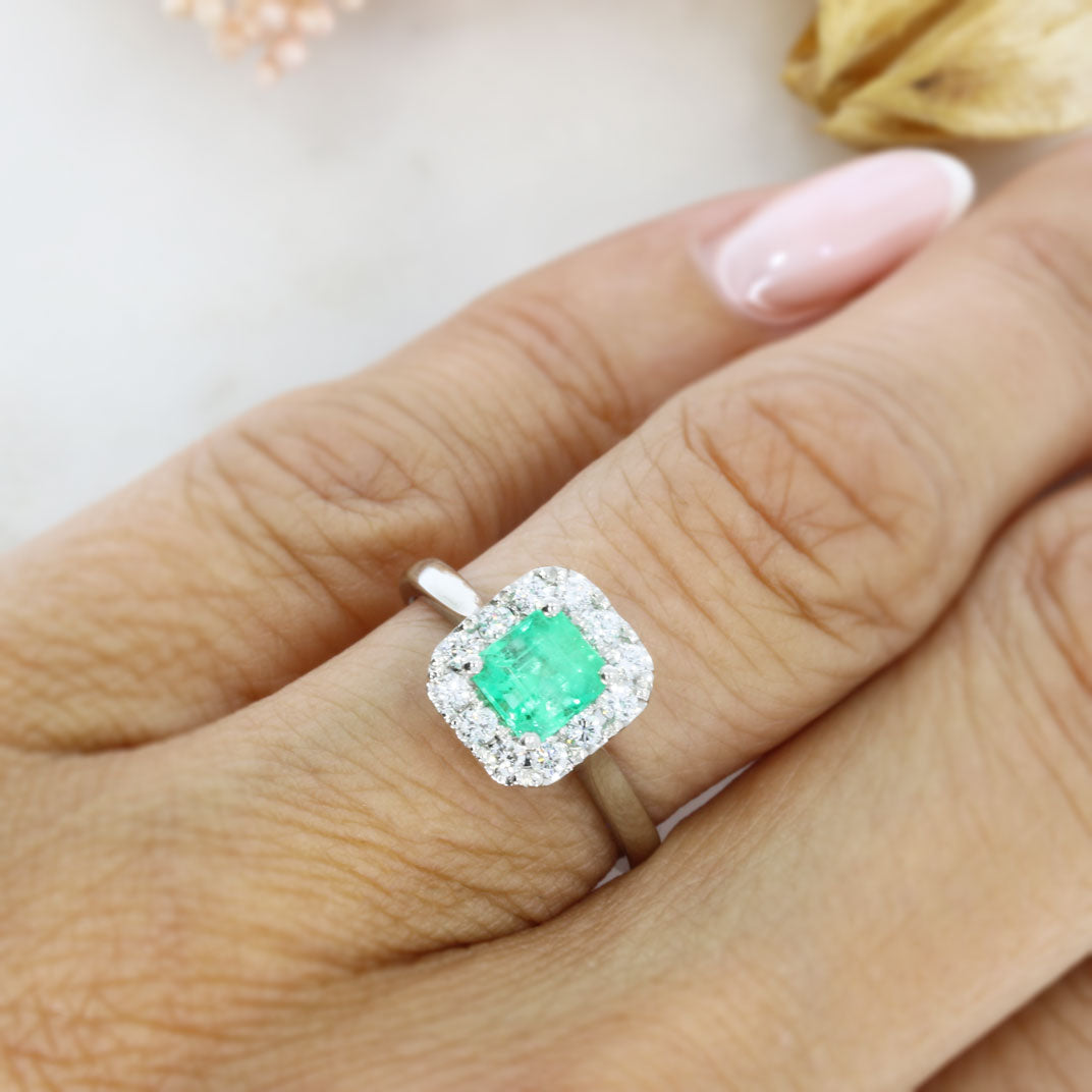 Platinum Square Claw Set Emerald & Round Brilliant Cut Natural Diamond Cluster Ring