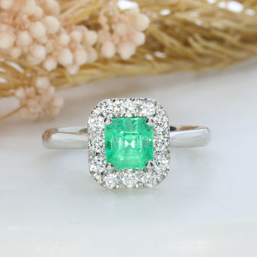 Platinum Square Claw Set Emerald & Round Brilliant Cut Natural Diamond Cluster Ring
