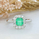 Platinum Square Claw Set Emerald & Round Brilliant Cut Natural Diamond Cluster Ring