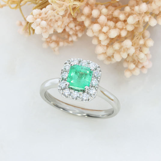 Platinum Square Claw Set Emerald & Round Brilliant Cut Natural Diamond Cluster Ring