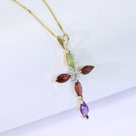 9ct Yellow Gold Cross Set With Semi Precious Stones on a Fine Curb Chain