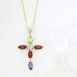9ct Yellow Gold Cross Set With Semi Precious Stones on a Fine Curb Chain