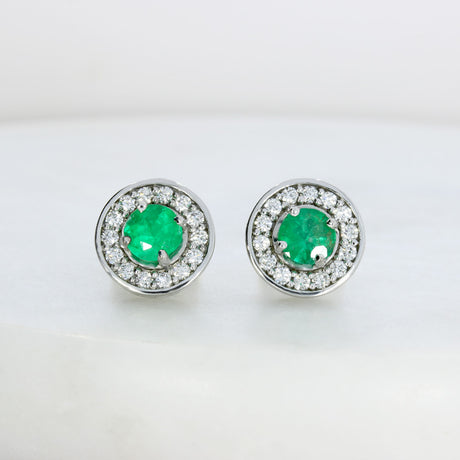 18ct White & Yellow Gold Emerald & Diamond Halo Studs
