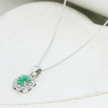 9ct Gold Square Columbian Emerald & Lab Grown Diamond Cluster Pendant & Chain