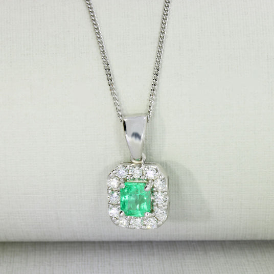9ct Gold Square Columbian Emerald & Lab Grown Diamond Cluster Pendant & Chain