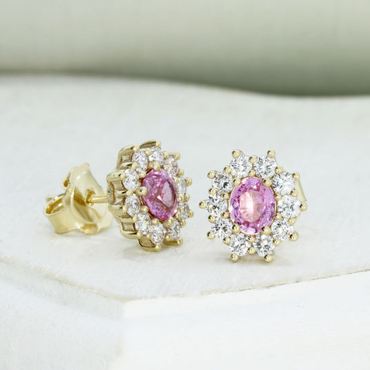 9ct Gold Pink Sapphire & Lab Grown Diamond Cluster Earrings