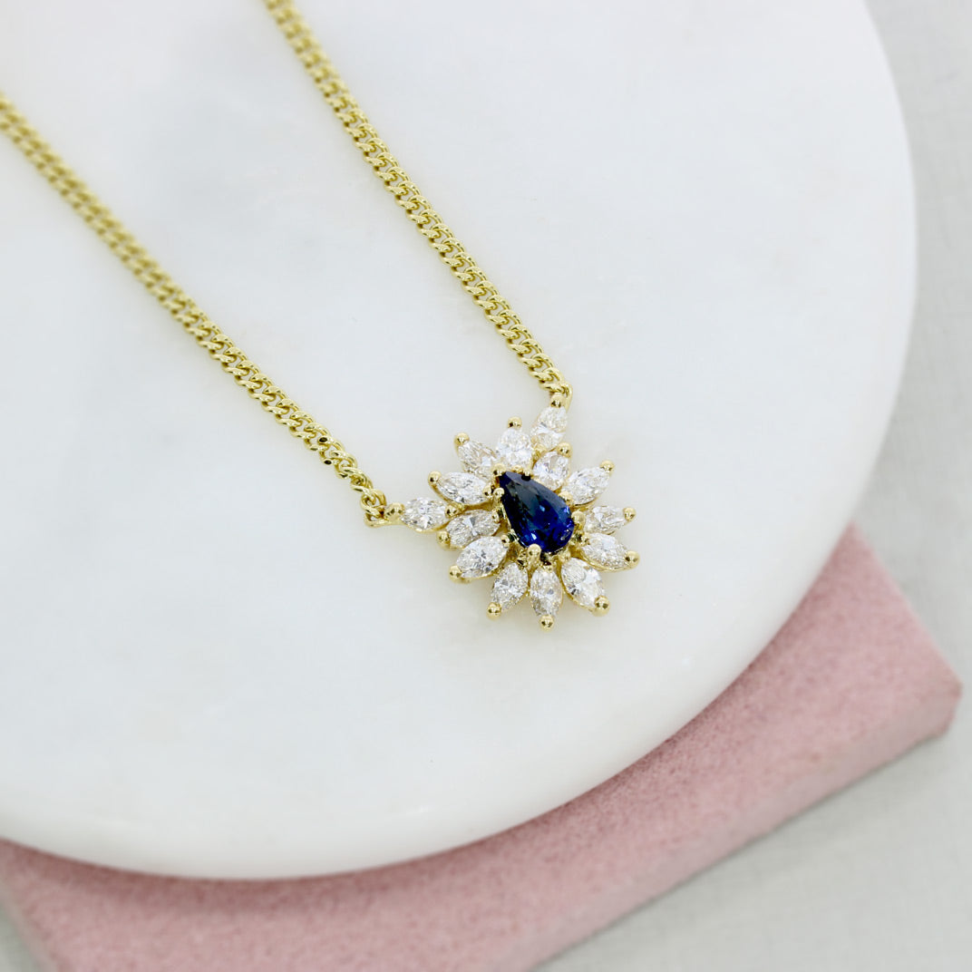 18ct Yellow Gold Pear Shape Sapphire & Diamond Cluster Necklace