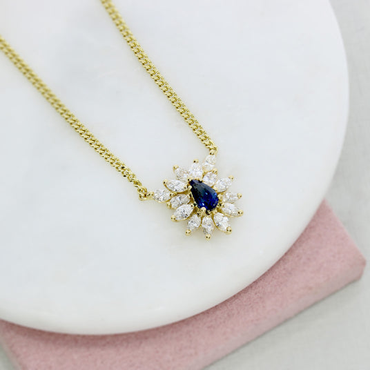 18ct Yellow Gold Pear Shape Sapphire & Diamond Cluster Necklace