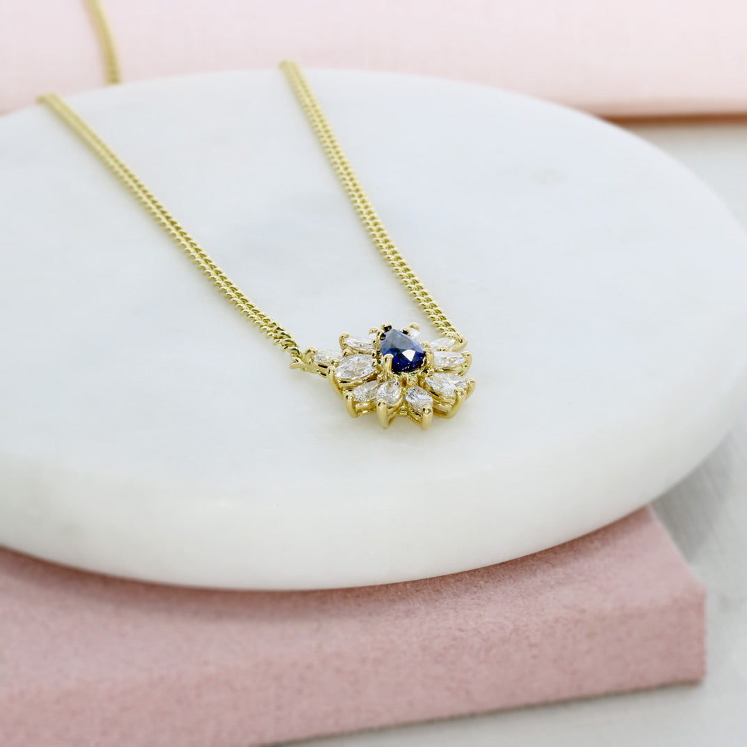 18ct Yellow Gold Pear Shape Sapphire & Diamond Cluster Necklace