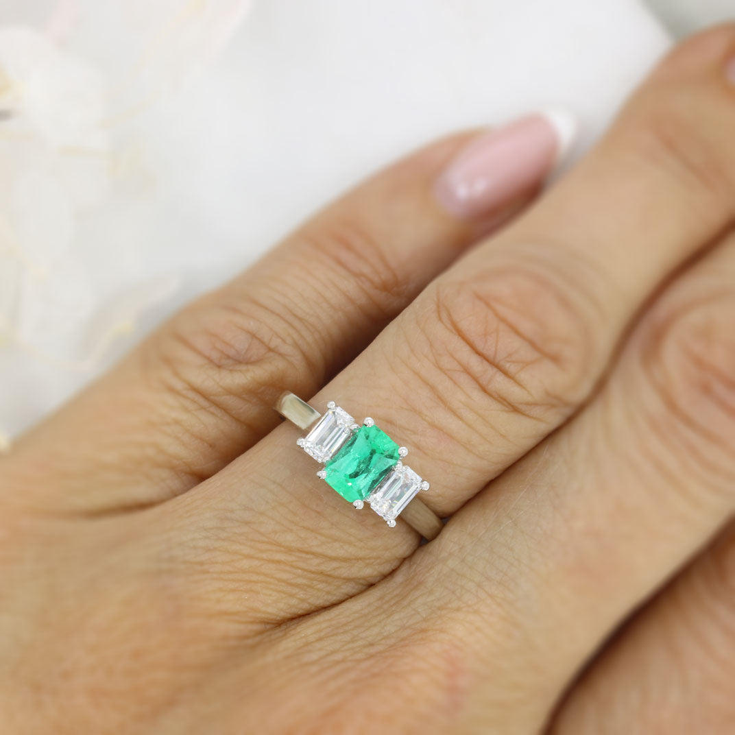 Platinum Emerald & Emerald Cut Lab Grown 3 Stone Ring