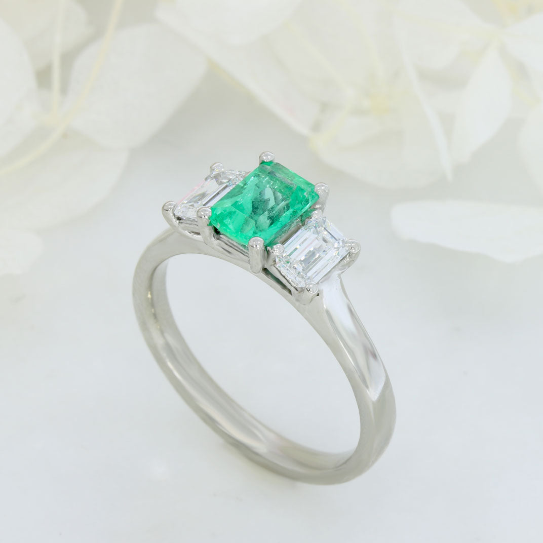 Platinum Emerald & Emerald Cut Lab Grown 3 Stone Ring