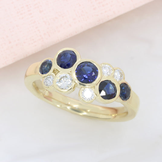 9ct Yellow Gold Round Sapphire & Natural Diamond Bubble Cluster Ring