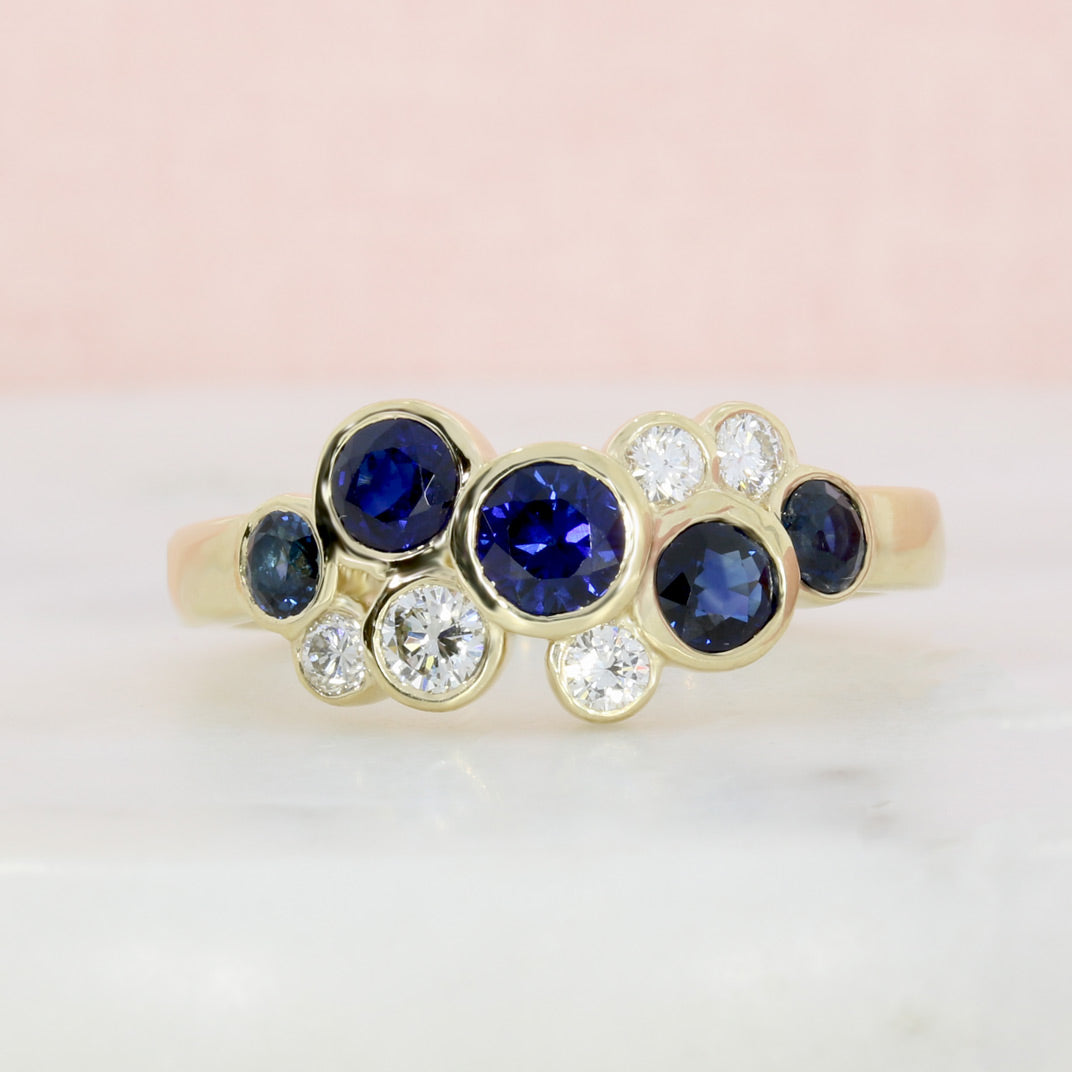 9ct Yellow Gold Round Sapphire & Natural Diamond Bubble Cluster Ring