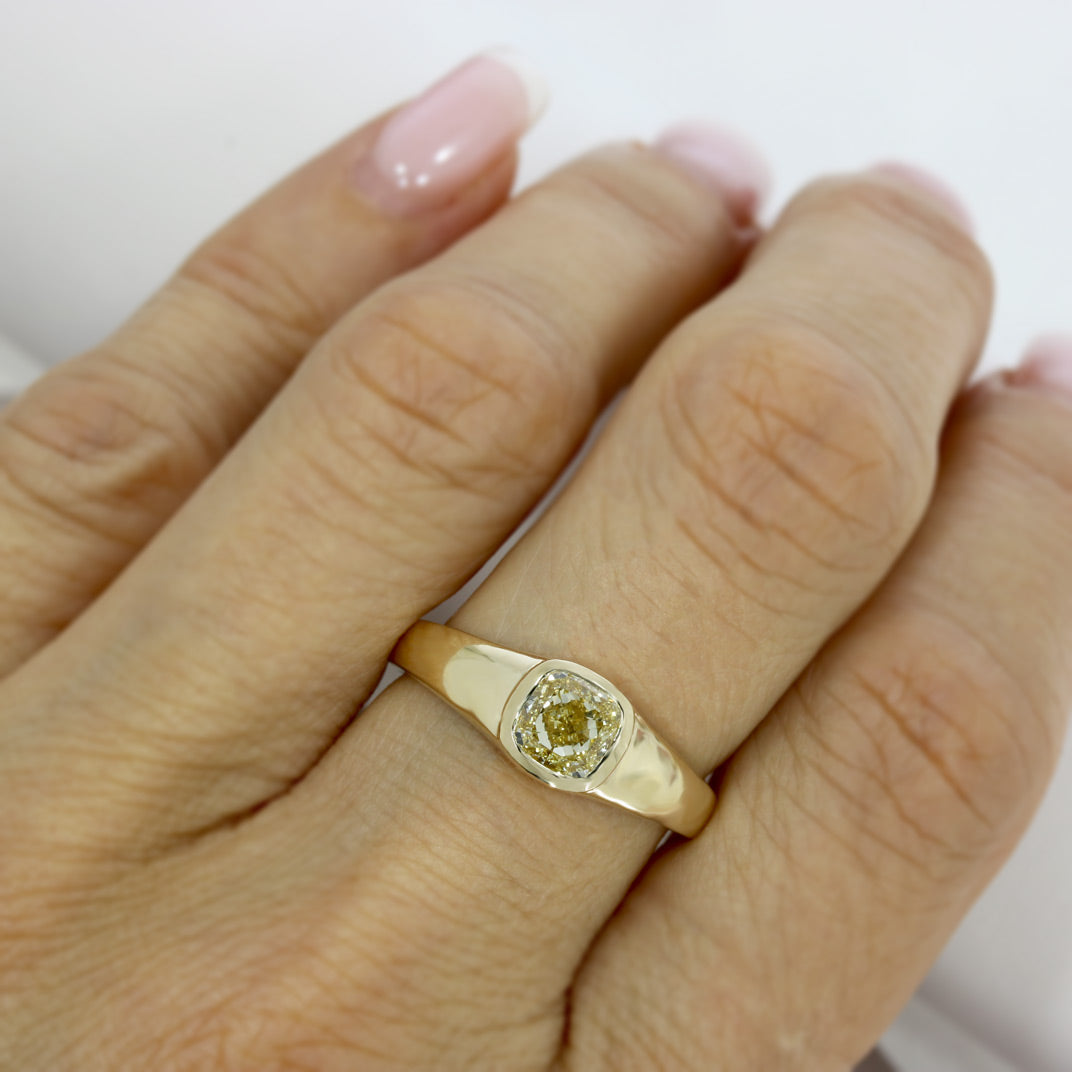 9ct Gold Certified Cushion Cut Fancy Yellow Lab Grown Diamond Solitaire 1.54ct VVS2