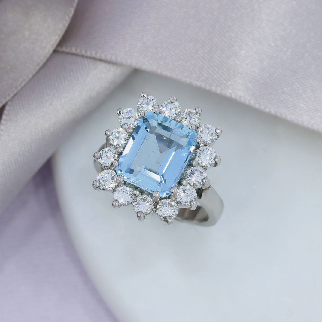 Platinum Large Aquamarine & Diamond Cluster