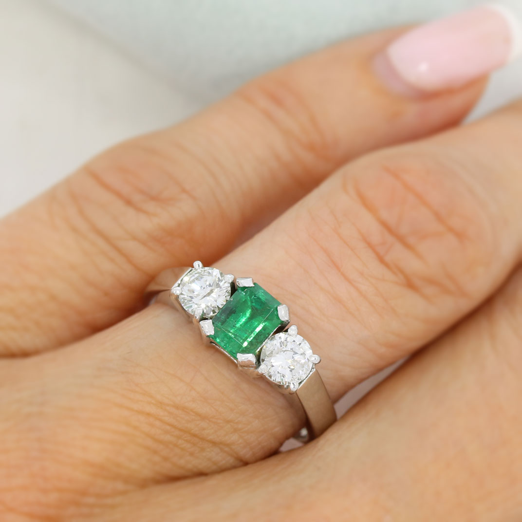 Pre Owned 18ct White Gold Emerald & Diamond 3 Stone Ring Approx Diamond Weight 0.80ct
