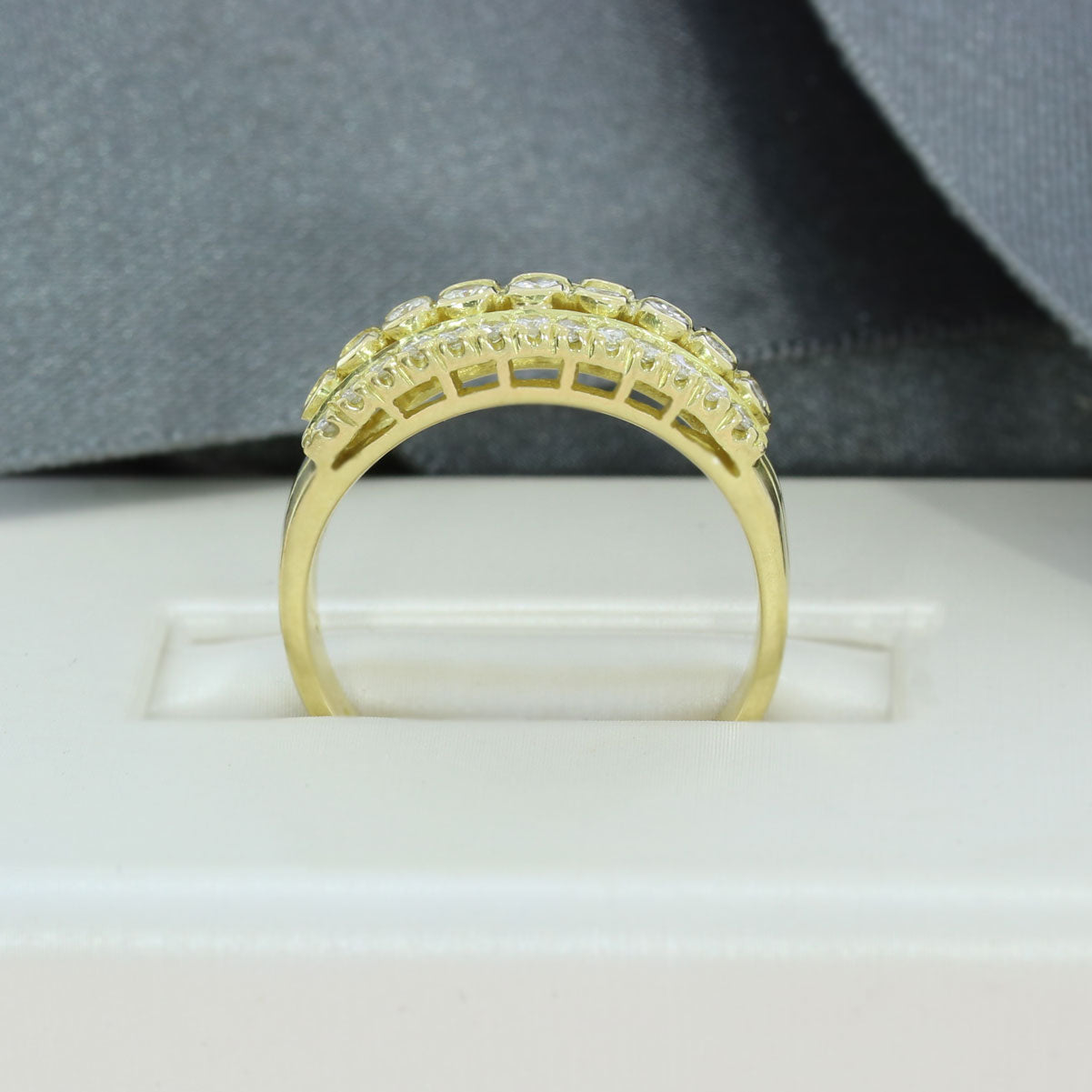 Pre Owned 18ct Yellow Gold 3 Row Wide Diamond Dress Ring