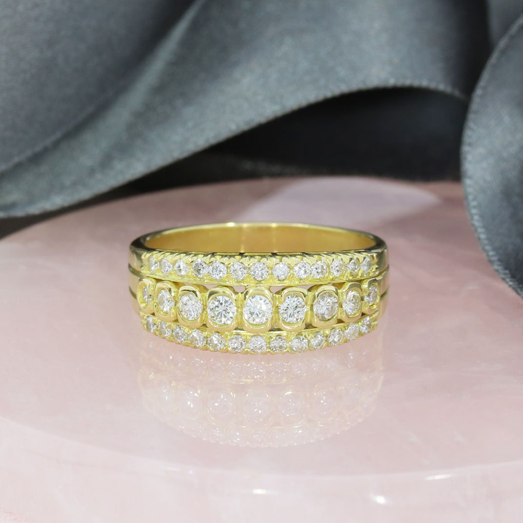 Pre Owned 18ct Yellow Gold 3 Row Wide Diamond Dress Ring