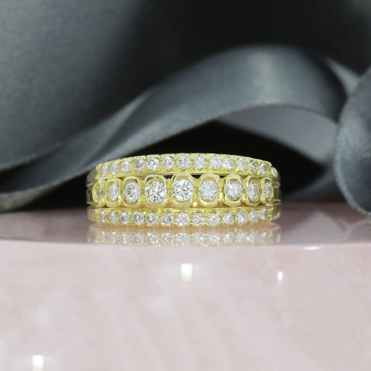 Pre Owned 18ct Yellow Gold 3 Row Wide Diamond Dress Ring