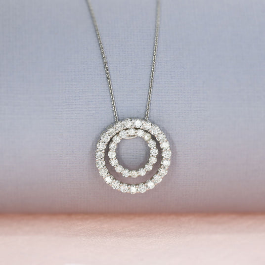 Pre Owned 14ct White Gold Double Circle Diamond Pendant On a Trace Chain