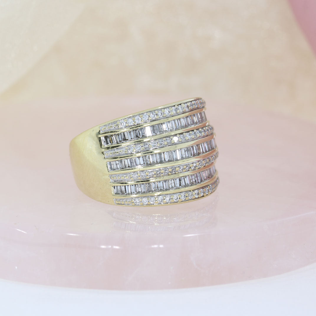 Pre Owned 9ct Yellow Gold Wide 7 Row Round & Baguette Diamond Eternity Ring
