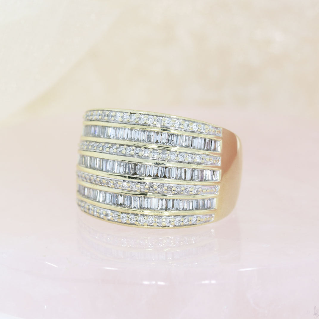 Pre Owned 9ct Yellow Gold Wide 7 Row Round & Baguette Diamond Eternity Ring