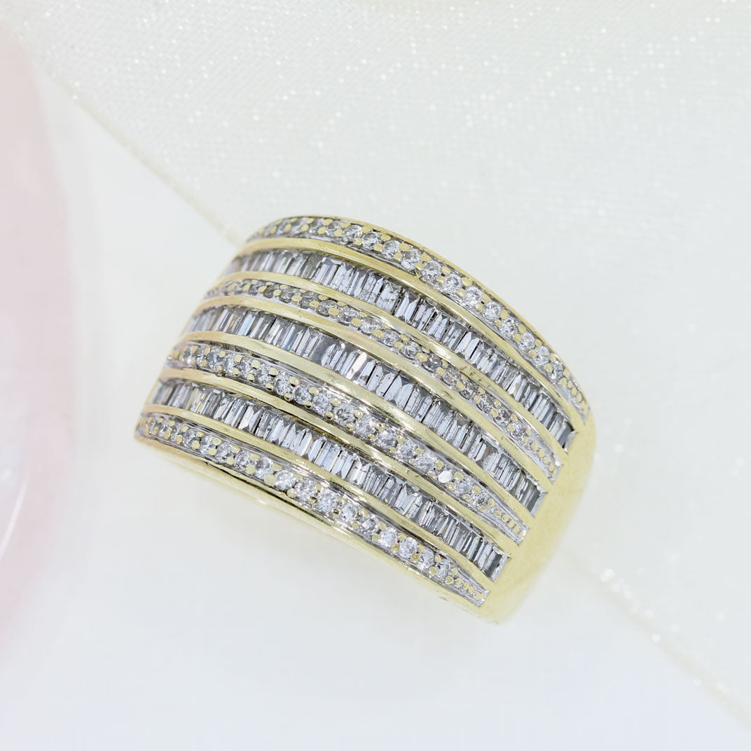 Pre Owned 9ct Yellow Gold Wide 7 Row Round & Baguette Diamond Eternity Ring