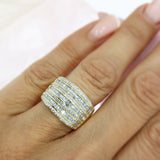 Pre Owned 9ct Yellow Gold Wide 7 Row Round & Baguette Diamond Eternity Ring