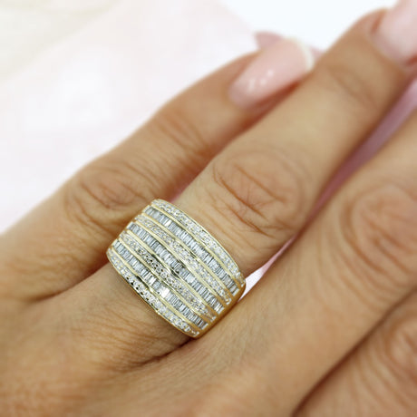 Pre Owned 9ct Yellow Gold Wide 7 Row Round & Baguette Diamond Eternity Ring