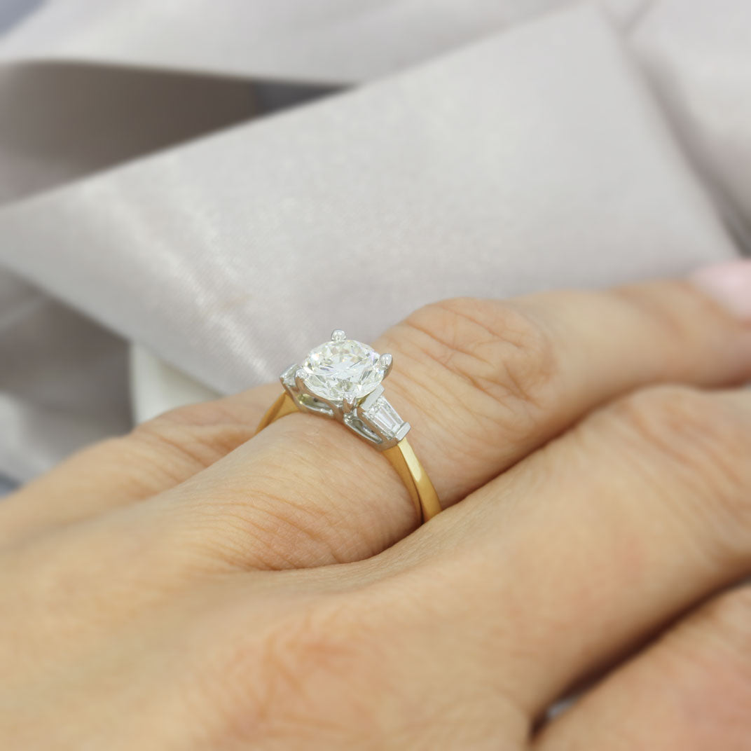 18ct Yellow & White Gold Diamond Solitaire Ring with Tapered Baguette Shoulders 1.85ct