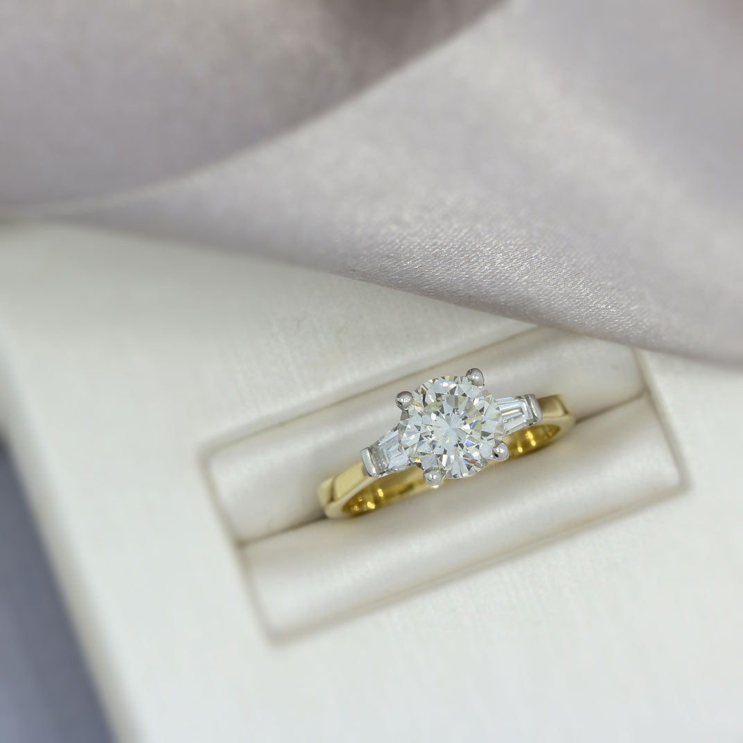 18ct Yellow & White Gold Diamond Solitaire Ring with Tapered Baguette Shoulders 1.85ct