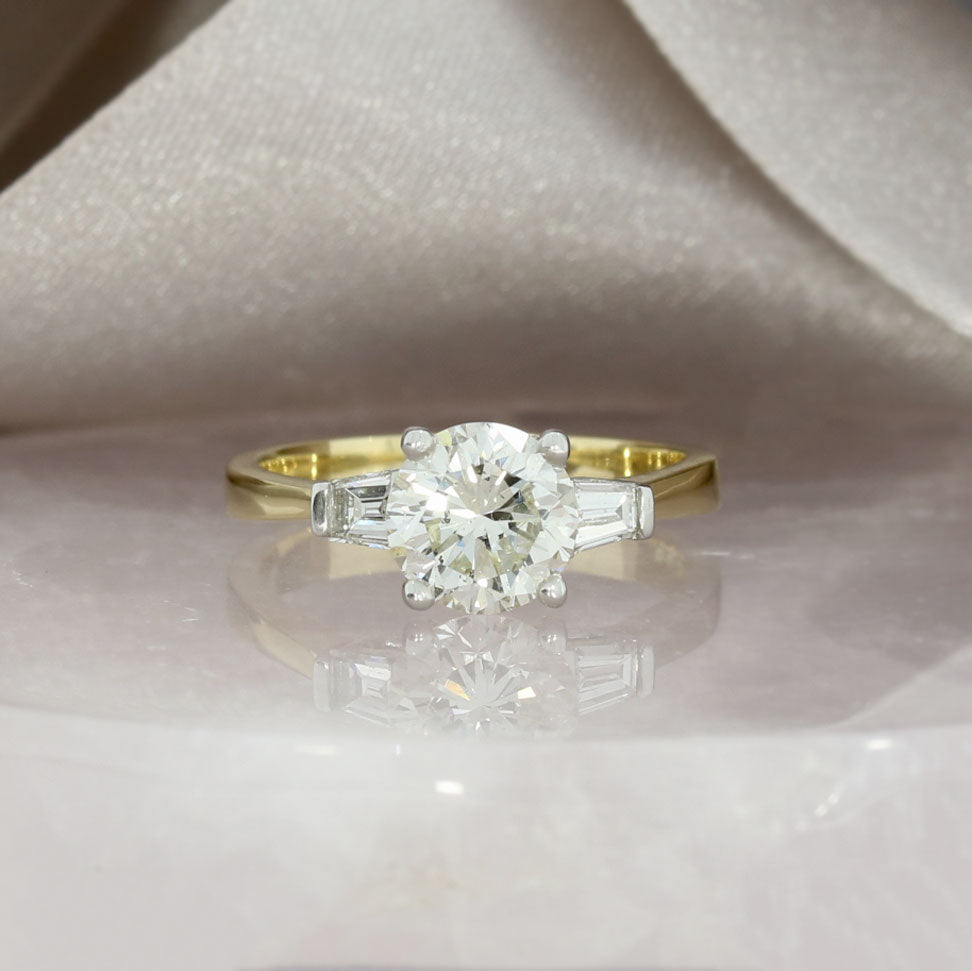 18ct Yellow & White Gold Diamond Solitaire Ring with Tapered Baguette Shoulders 1.85ct