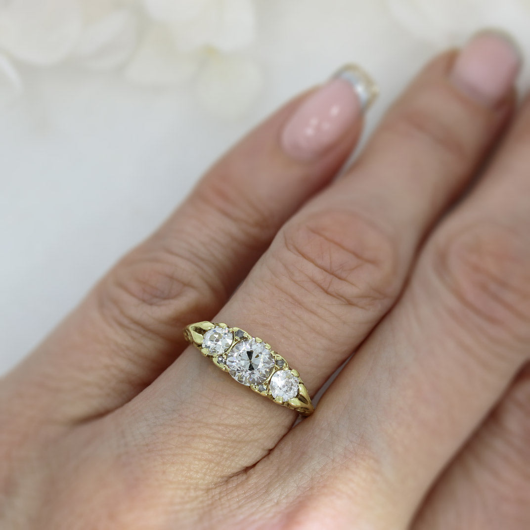 Pre Owned 18ct Gold 3 Stone Old Cut Diamond Boat Ring Approx 1.51ct