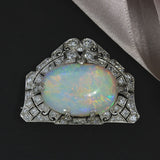 Pre Owned 18ct White Gold Cabochon Opal & Diamond Brooch