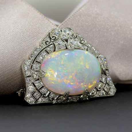 Pre Owned 18ct White Gold Cabochon Opal & Diamond Brooch
