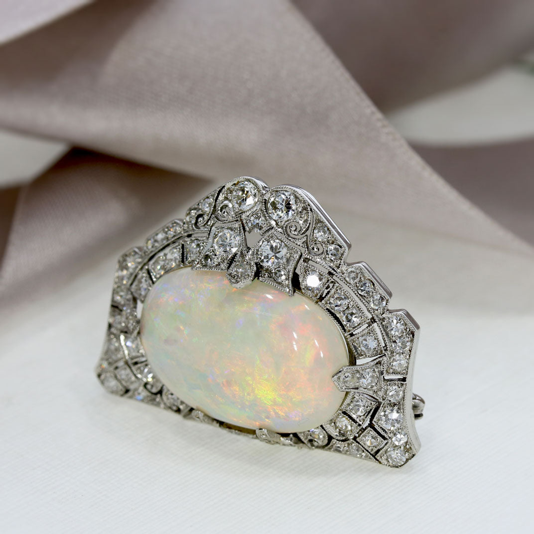 Pre Owned 18ct White Gold Cabochon Opal & Diamond Brooch