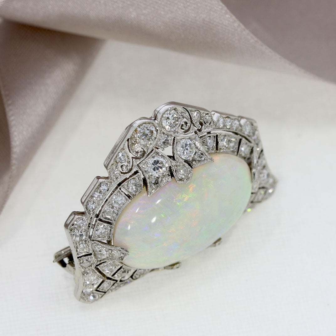Pre Owned 18ct White Gold Cabochon Opal & Diamond Brooch