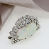Pre Owned 18ct White Gold Cabochon Opal & Diamond Brooch
