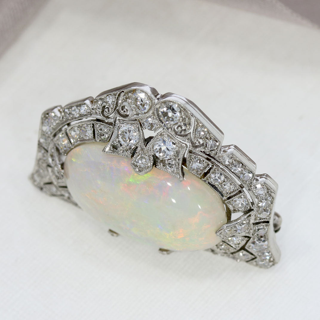 Pre Owned 18ct White Gold Cabochon Opal & Diamond Brooch