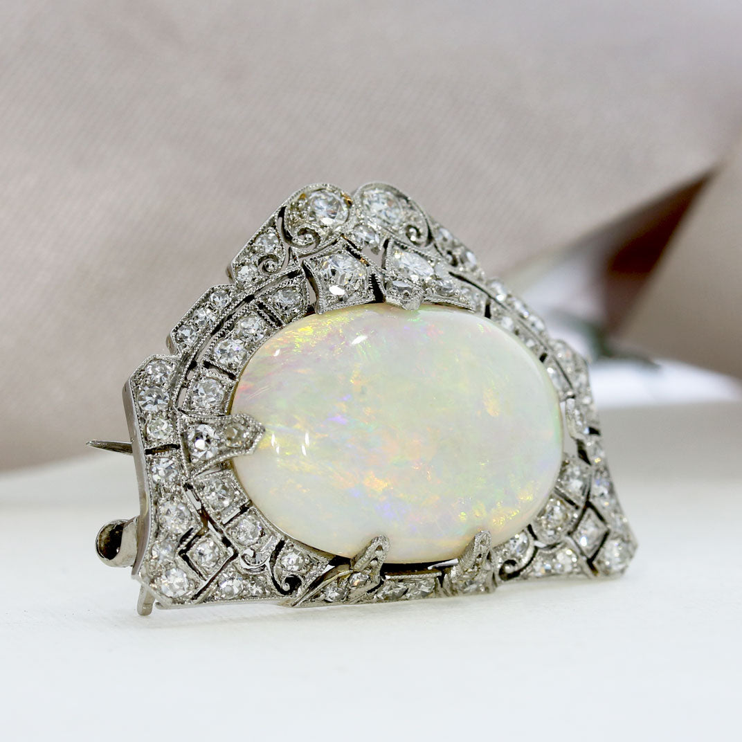 Pre Owned 18ct White Gold Cabochon Opal & Diamond Brooch