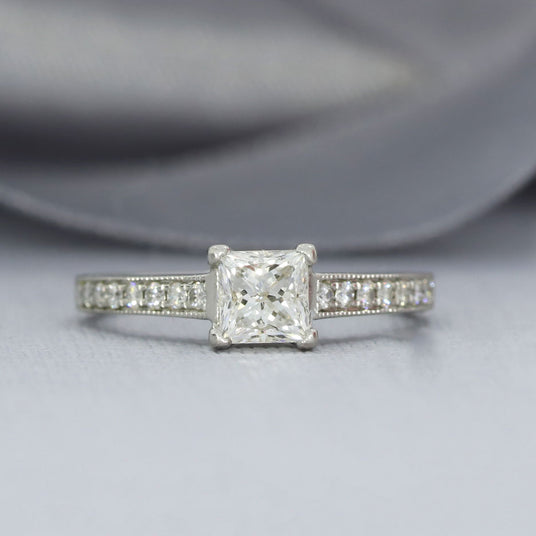 Pre Owned Platinum GIA Certified Diamond Solitaire Ring with Pave Set Shoulders 0.81ct F VS1