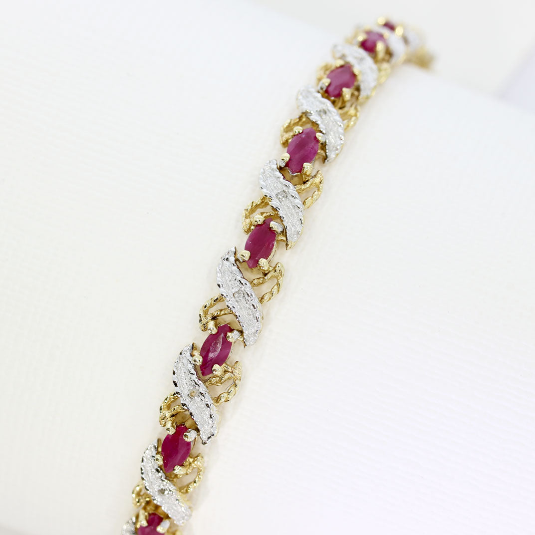 Pre-Owned 9ct Yellow Gold Ruby & Pave Set Diamond Chip Bracelet