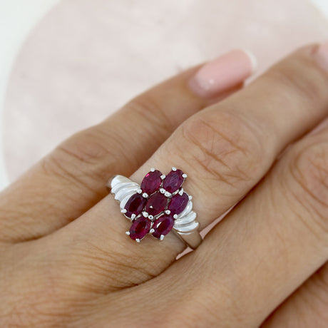 Pre Owned 9ct White Gold Oval Ruby Flower Cluster Ring