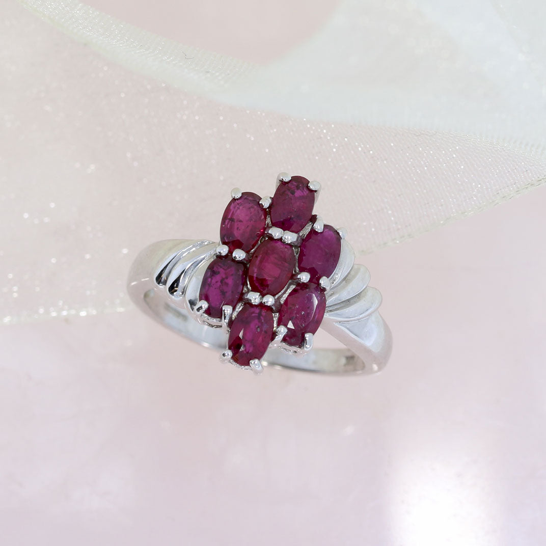 Pre Owned 9ct White Gold Oval Ruby Flower Cluster Ring