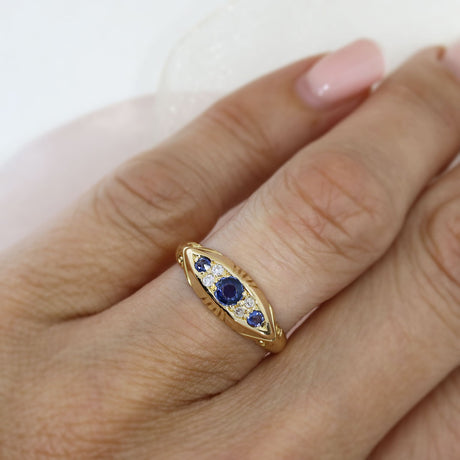 Pre Owned 18ct Yellow Gold Antique Sapphire & Diamond Boat Ring