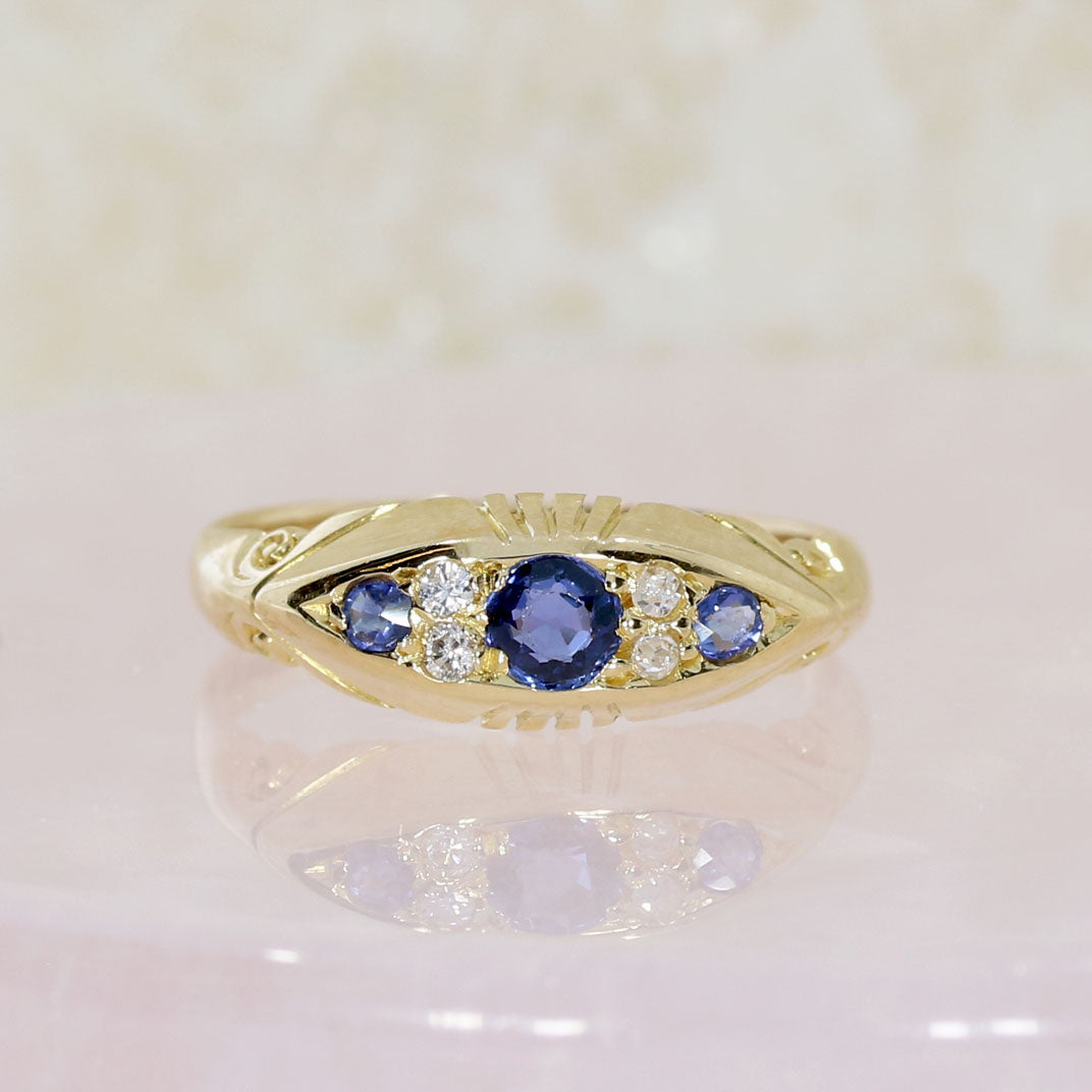 Pre Owned 18ct Yellow Gold Antique Sapphire & Diamond Boat Ring