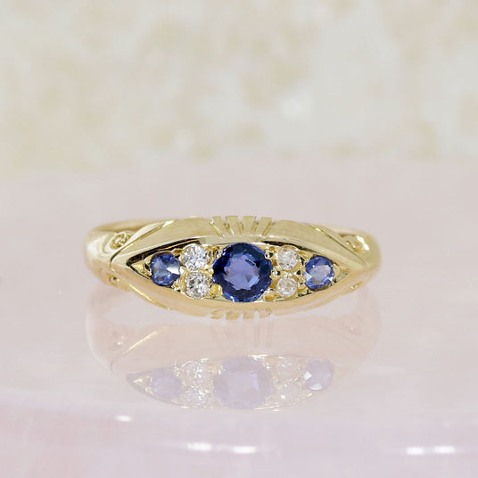 Pre Owned 18ct Yellow Gold Antique Sapphire & Diamond Boat Ring