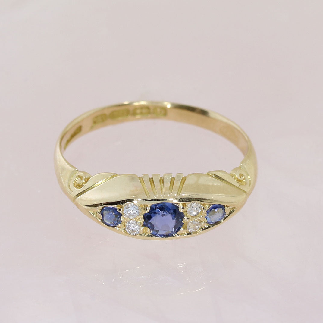 Pre Owned 18ct Yellow Gold Antique Sapphire & Diamond Boat Ring