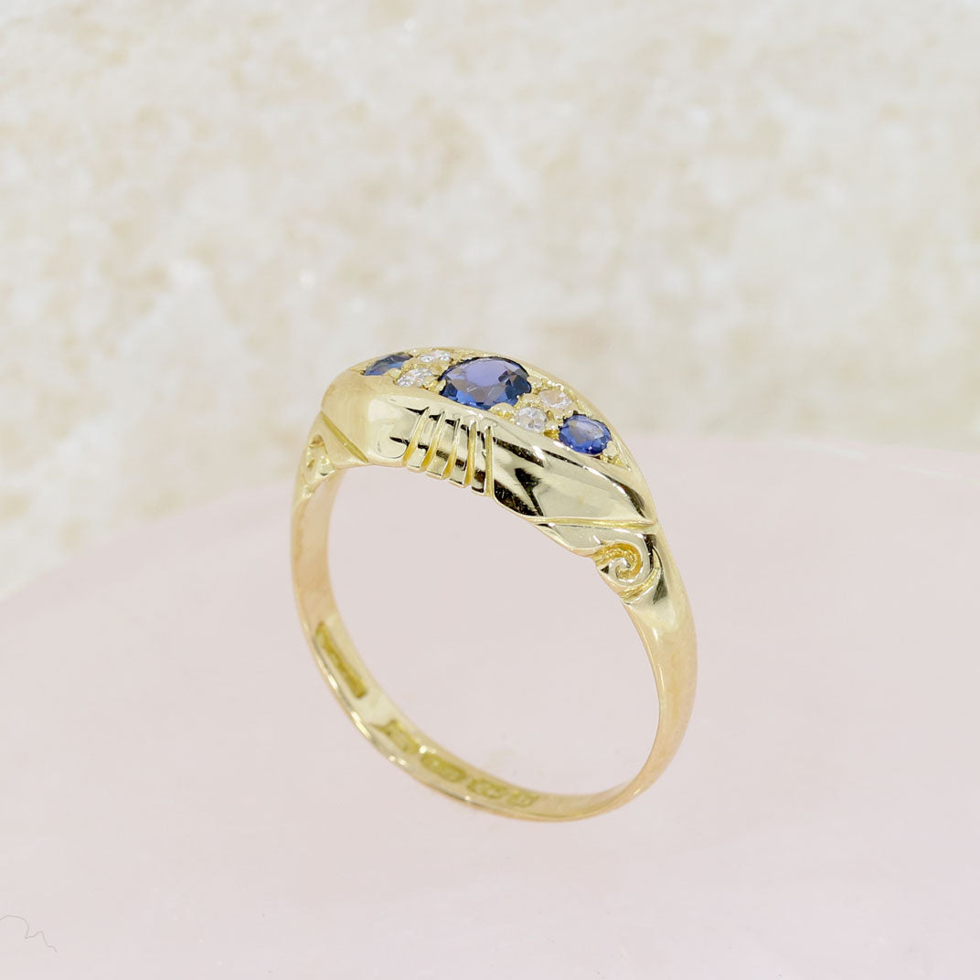 Pre Owned 18ct Yellow Gold Antique Sapphire & Diamond Boat Ring